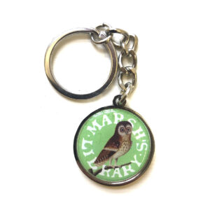 Keyring shop image. Brown owl on green background.