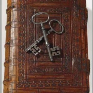 Postcard of leather bound book with cages keys on top