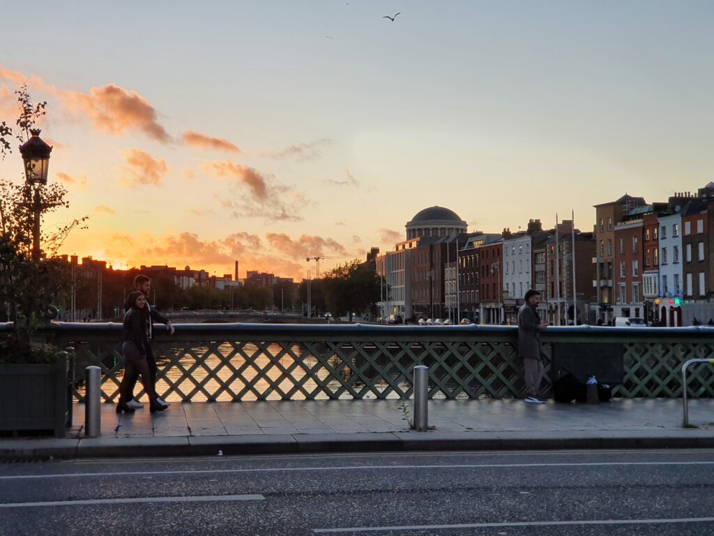 A view of the Four Courts at sunset from Capel Street Bridge