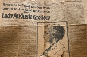 Article about Lady Gregory with quote from her as headline 'America is good for our Irish, our Irish are good for America' 