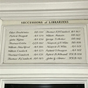 photo of succession of Librarians listed above door in Marsh's Library