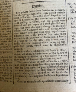 Detail from The Dublin Chronicle, October 1789 with mention of news from Bordeaux