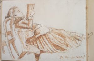 Drawing of a woman in profile, reading in a reclined position