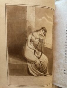 sepia illustration in a book showing a woman seated in a tower playing a lyre