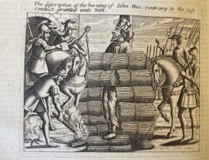 Woodcut showing a man being burned for Heresy